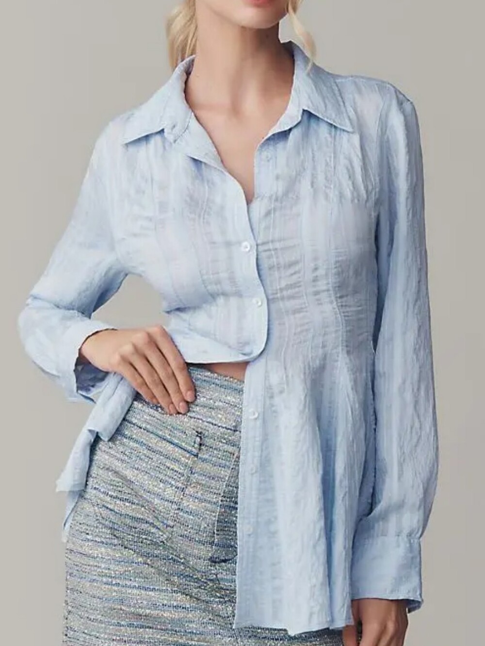 NWT Anthropologie × Maeve Waisted Button Down Shirt Flare Hem Blouse Blue XS